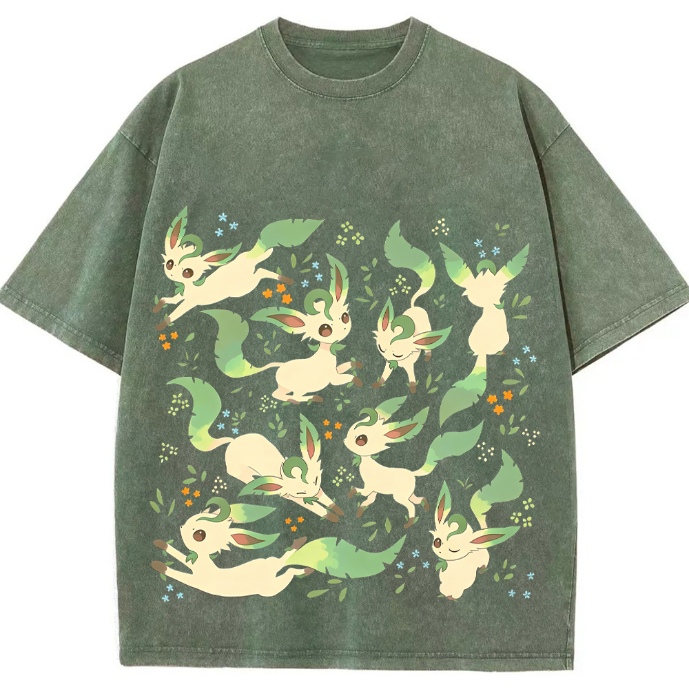 Leafeon Multiple Poses Floral Cartoon Tee | Pokemon Anime