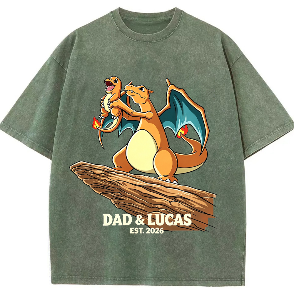 Parent & Kid Hold Up Charmander Family Art Vintage Washed T-Shirt