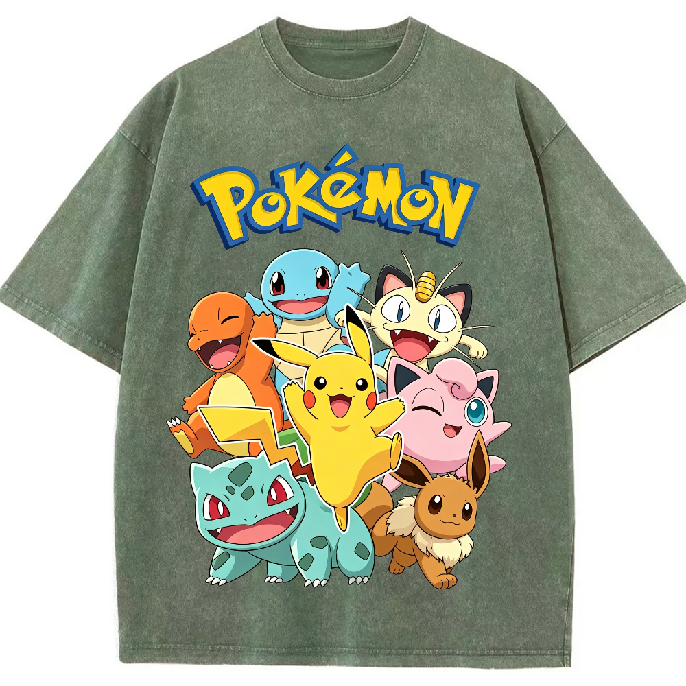 Vintage Washed Black Pokemon Group Graphic Tee | Retro Anime Oversized T-Shirt