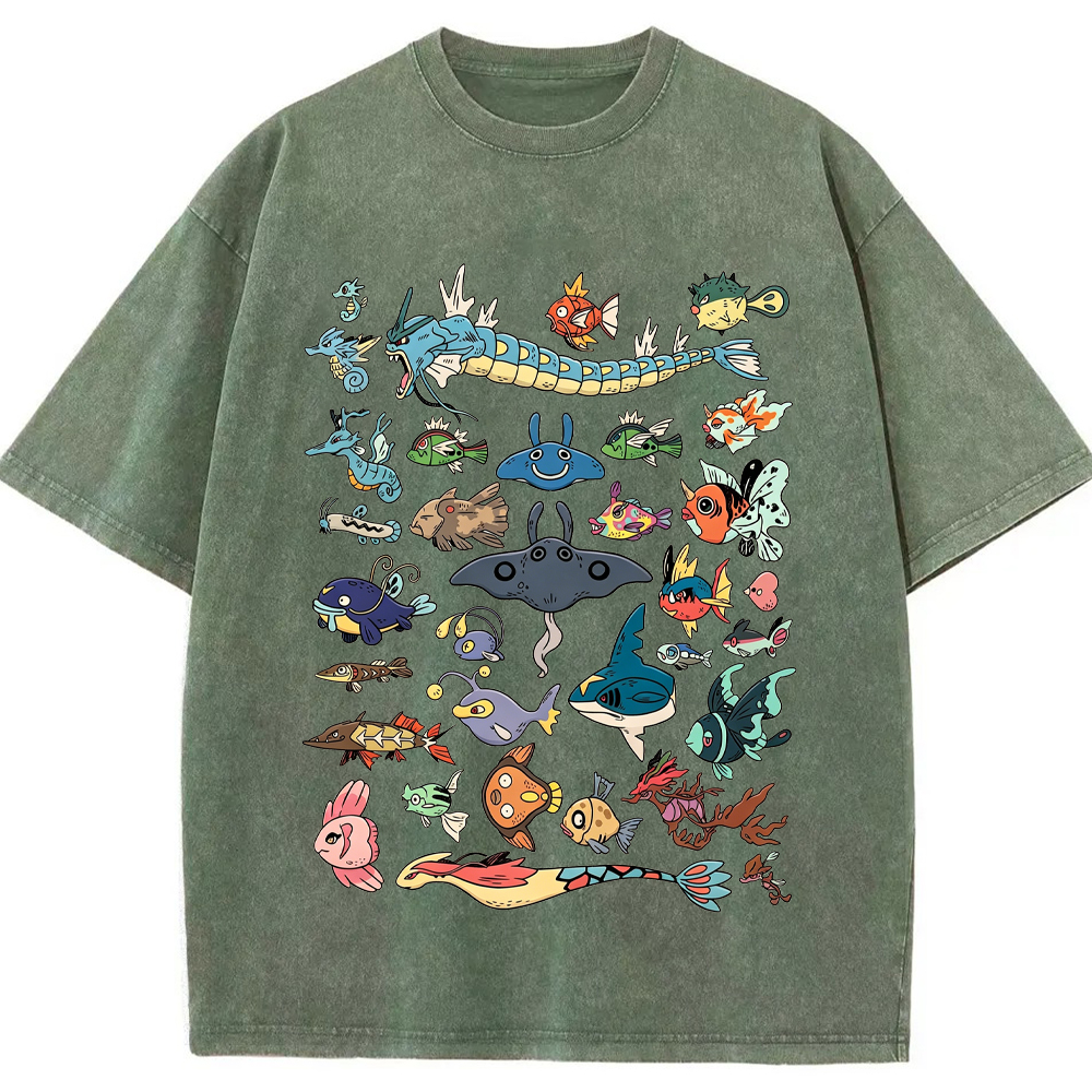 Fish Water Pokemon Retro Collage Vintage Washed T-Shirt | Pokemon Anime