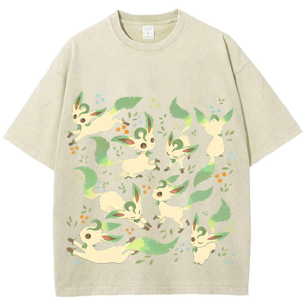 Leafeon Multiple Poses Floral Cartoon Tee | Pokemon Anime