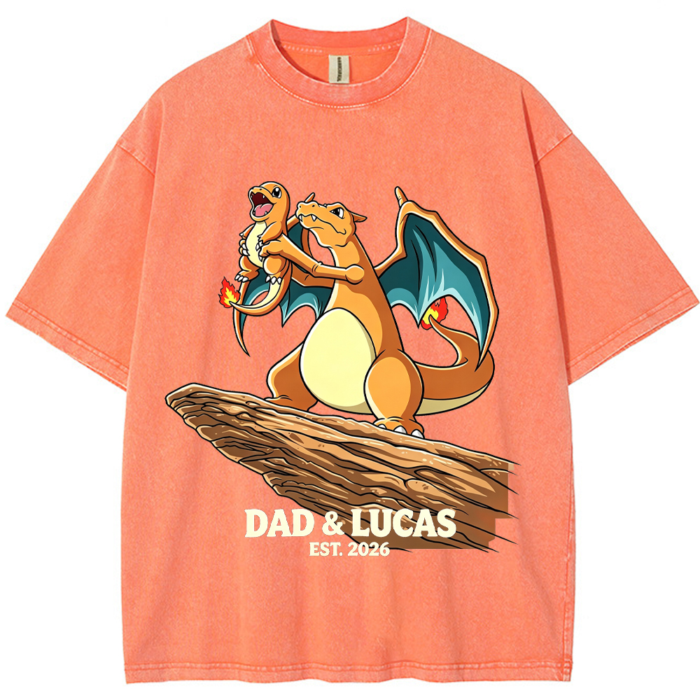 Parent & Kid Hold Up Charmander Family Art Vintage Washed T-Shirt