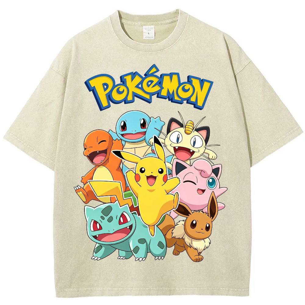 Vintage Washed Black Pokemon Group Graphic Tee | Retro Anime Oversized T-Shirt