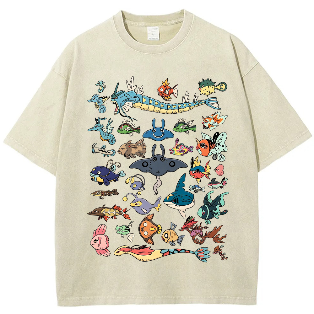 Fish Water Pokemon Retro Collage Vintage Washed T-Shirt | Pokemon Anime