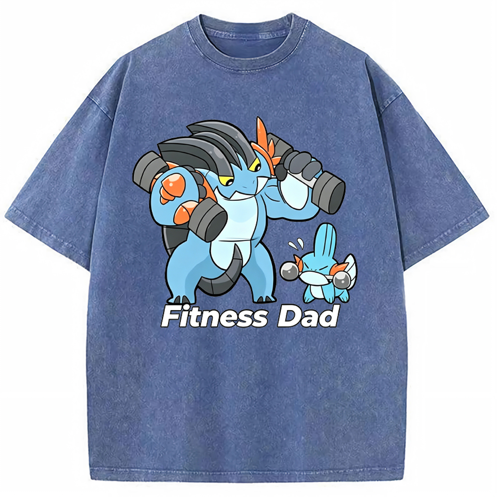 Fitness Dad Marshtomp Mudkip Gym Cartoon Vintage Washed T-Shirt