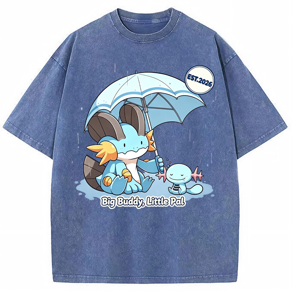 Parent & Kid Rainy Umbrella Buddy Mudkip Evolution Group Cartoon Tee | Pokemon Anime