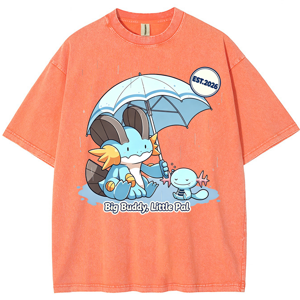 Parent & Kid Rainy Umbrella Buddy Mudkip Evolution Group Cartoon Tee | Pokemon Anime