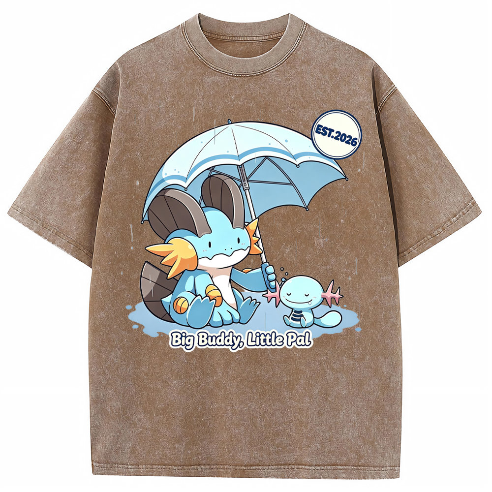 Parent & Kid Rainy Umbrella Buddy Mudkip Evolution Group Cartoon Tee | Pokemon Anime