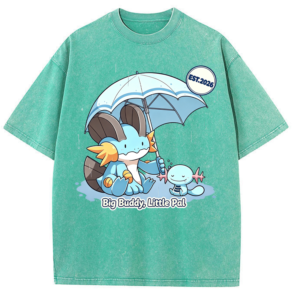 Parent & Kid Rainy Umbrella Buddy Mudkip Evolution Group Cartoon Tee | Pokemon Anime