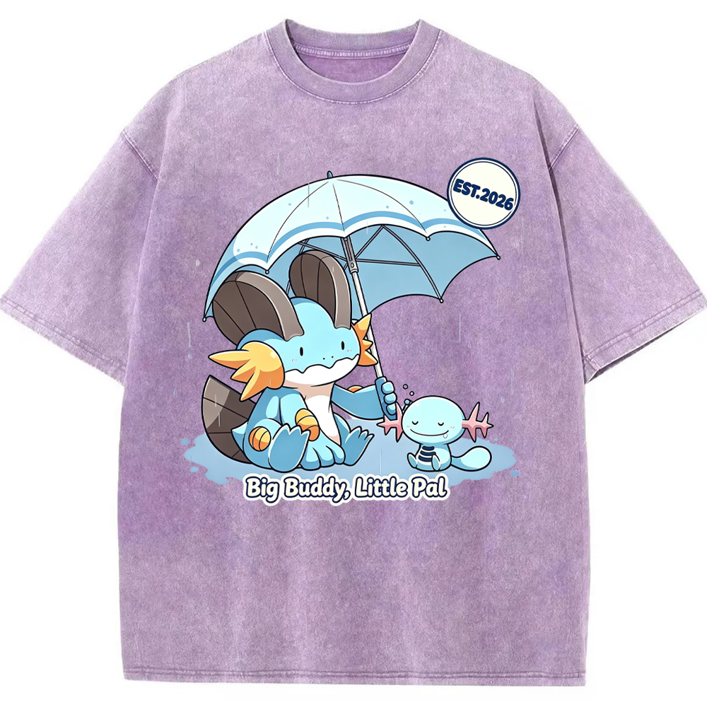 Parent & Kid Rainy Umbrella Buddy Mudkip Evolution Group Cartoon Tee | Pokemon Anime