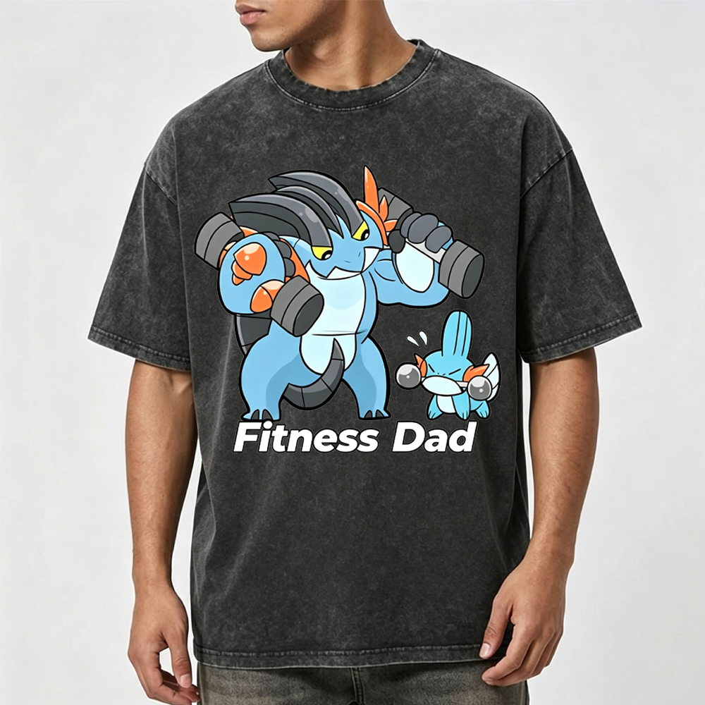 Fitness Dad Marshtomp Mudkip Gym Cartoon Vintage Washed T-Shirt