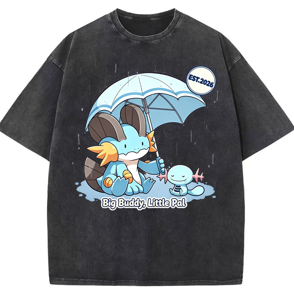 Parent & Kid Rainy Umbrella Buddy Mudkip Evolution Group Cartoon Tee | Pokemon Anime
