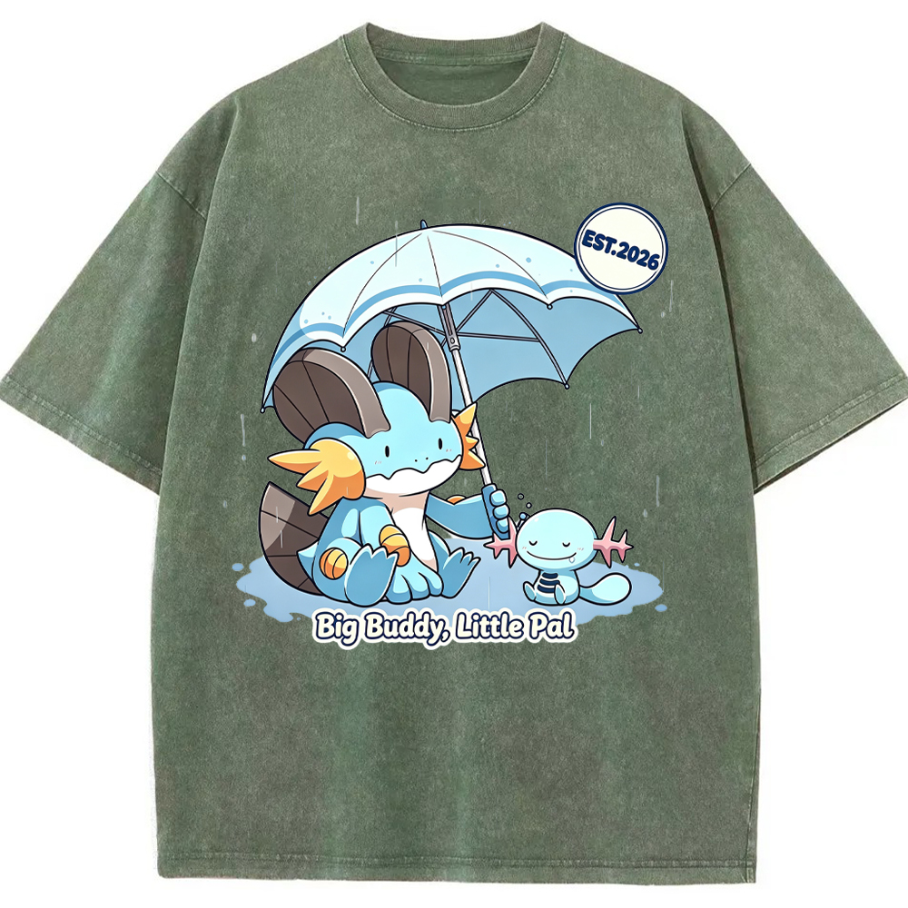 Parent & Kid Rainy Umbrella Buddy Mudkip Evolution Group Cartoon Tee | Pokemon Anime