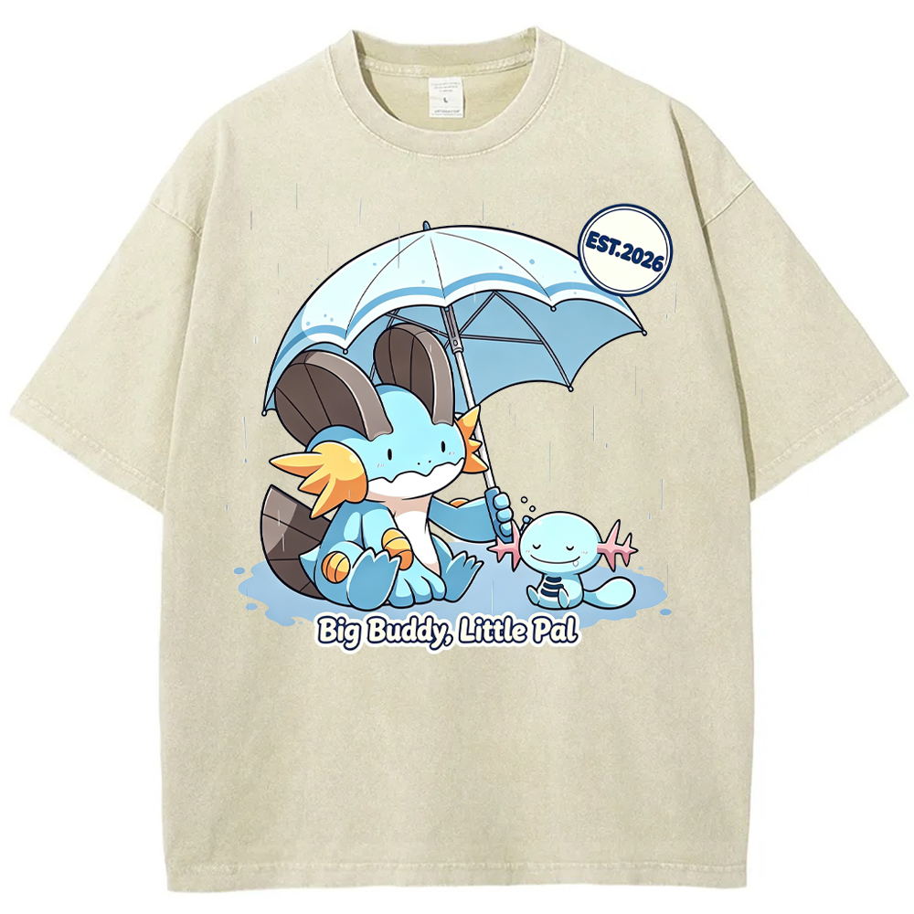 Parent & Kid Rainy Umbrella Buddy Mudkip Evolution Group Cartoon Tee | Pokemon Anime