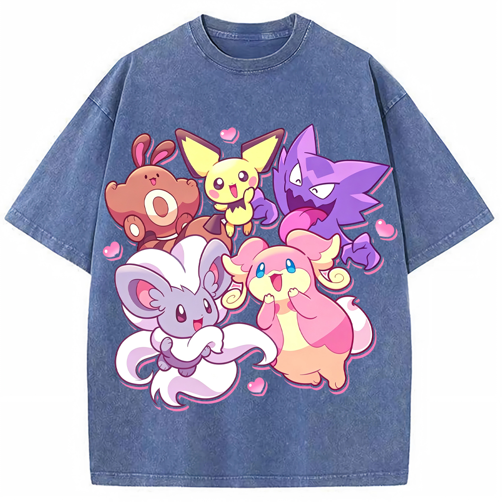 Pink Hearts Cute Pokemon Group Cartoon Tee | Pokemon Anime