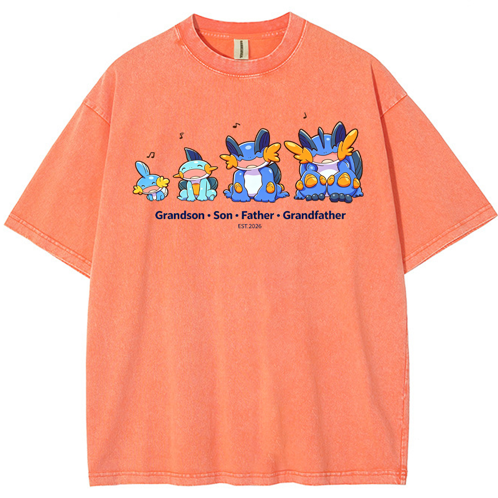 Parent & Kid Four Generations Lineup Mudkip Evolution Group Cartoon Tee | Pokemon Anime