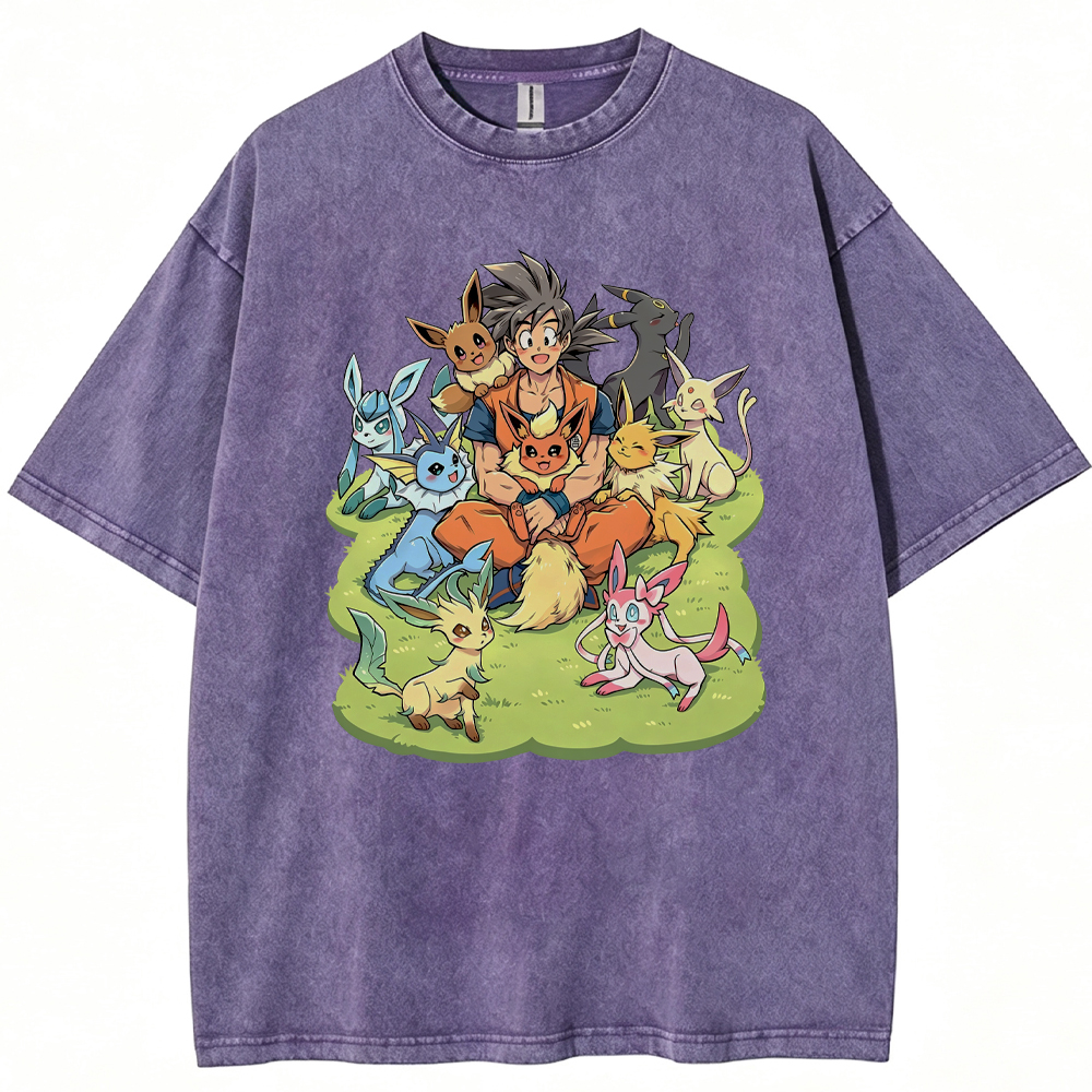 Crossover Goku & Eeveelutions Group Cartoon Tee | Pokemon Anime