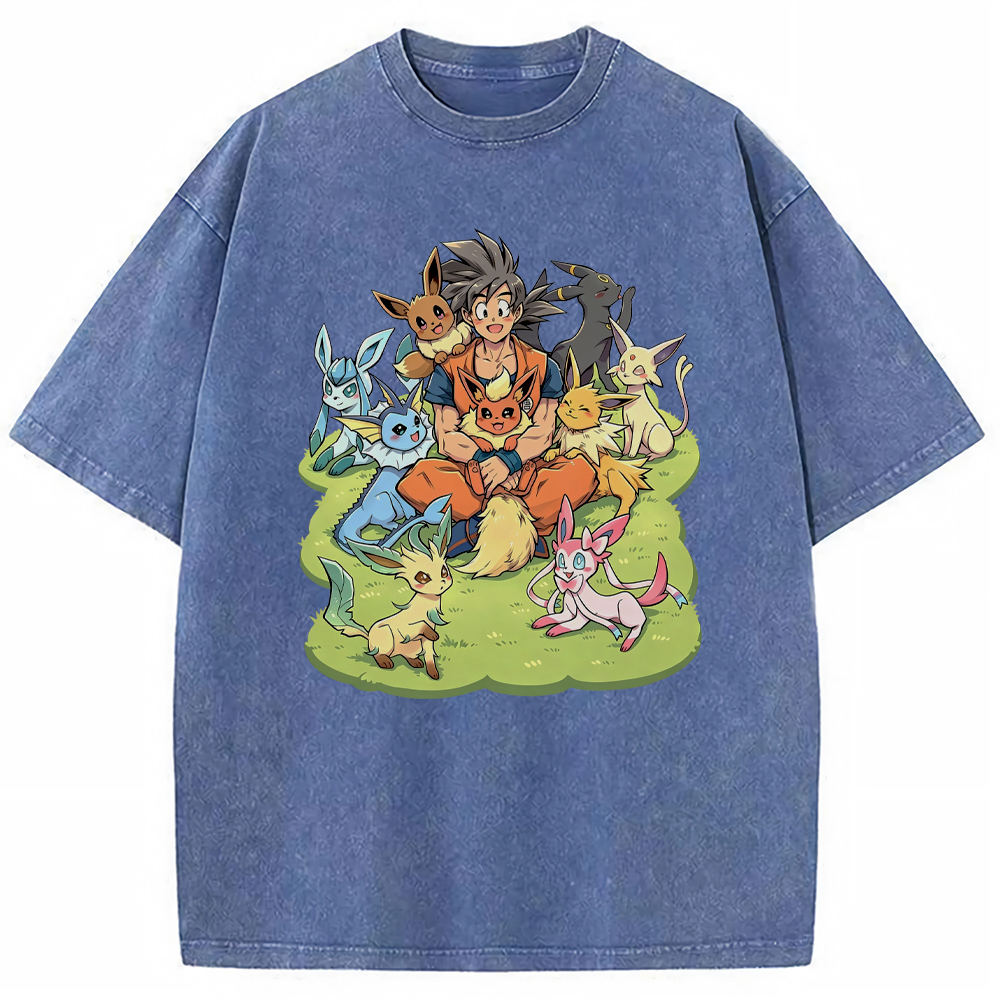 Crossover Goku & Eeveelutions Group Cartoon Tee | Pokemon Anime