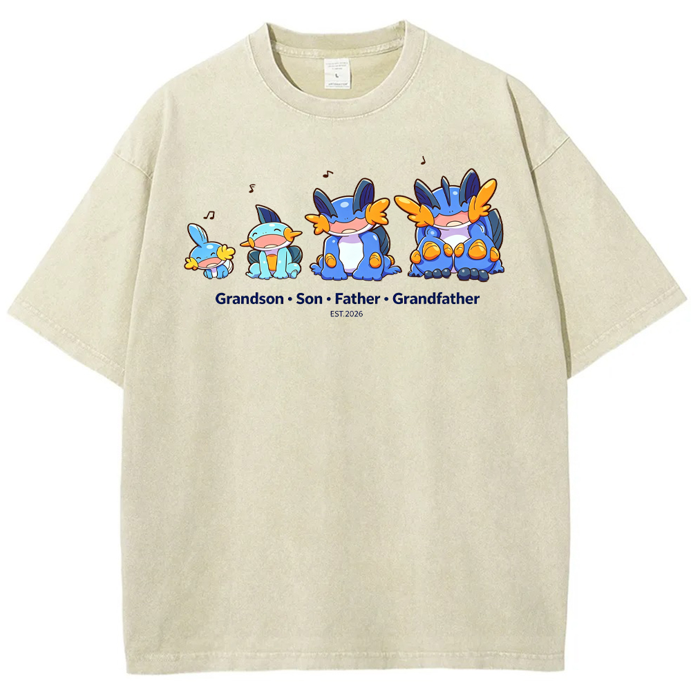 Parent & Kid Four Generations Lineup Mudkip Evolution Group Cartoon Tee | Pokemon Anime