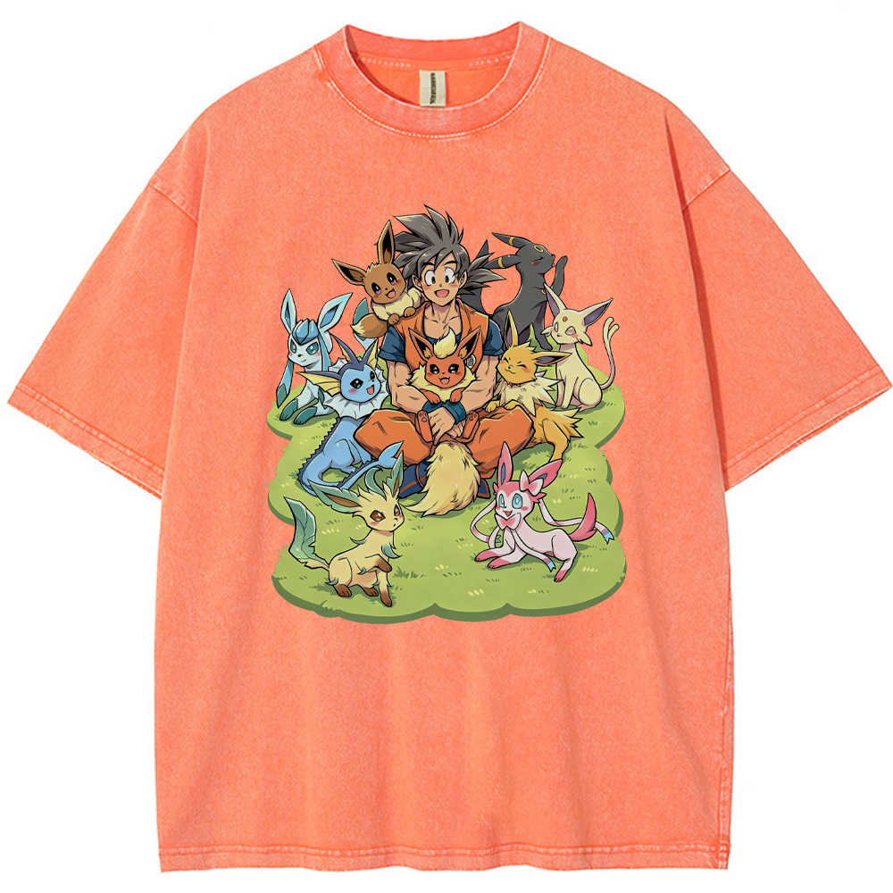 Crossover Goku & Eeveelutions Group Cartoon Tee | Pokemon Anime