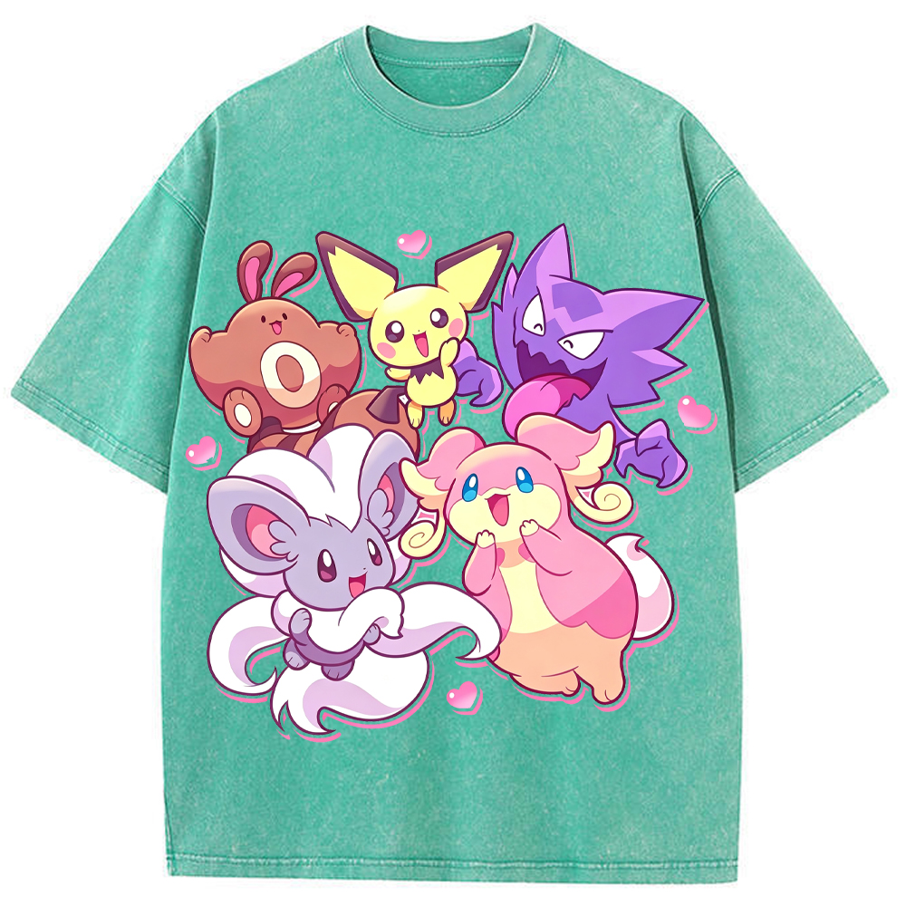 Pink Hearts Cute Pokemon Group Cartoon Tee | Pokemon Anime