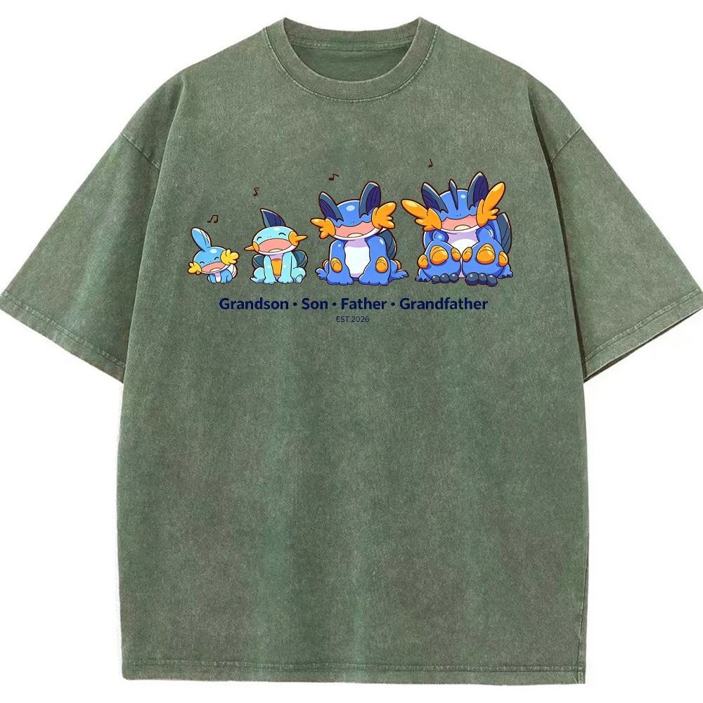 Parent & Kid Four Generations Lineup Mudkip Evolution Group Cartoon Tee | Pokemon Anime
