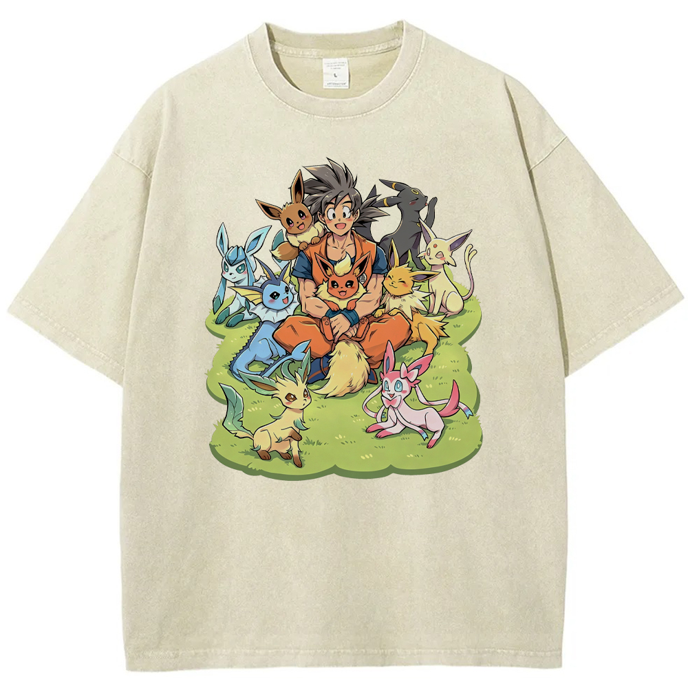 Crossover Goku & Eeveelutions Group Cartoon Tee | Pokemon Anime