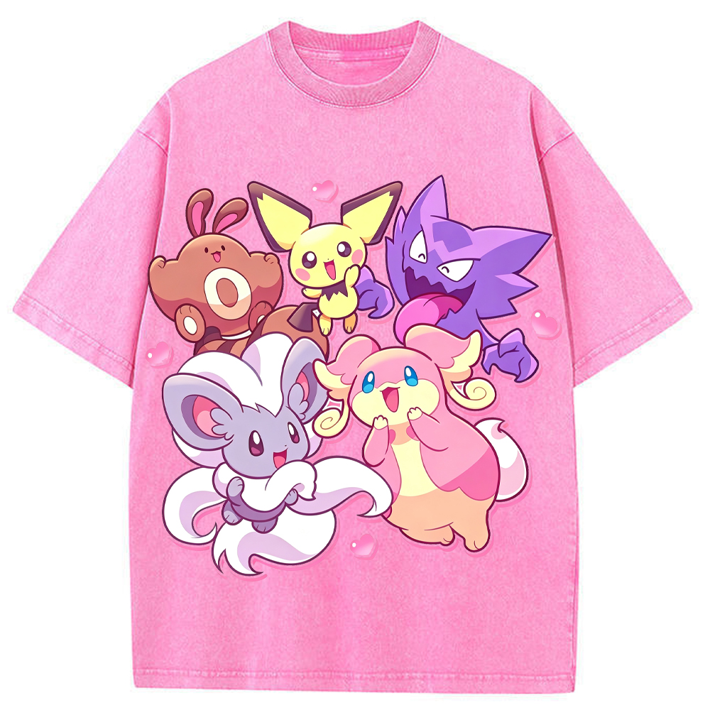 Pink Hearts Cute Pokemon Group Cartoon Tee | Pokemon Anime
