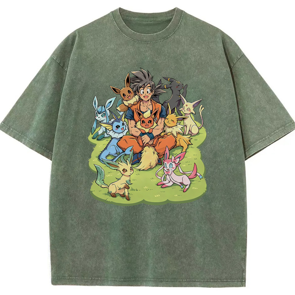 Crossover Goku & Eeveelutions Group Cartoon Tee | Pokemon Anime