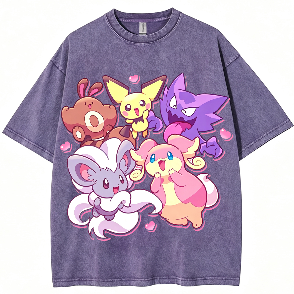 Pink Hearts Cute Pokemon Group Cartoon Tee | Pokemon Anime