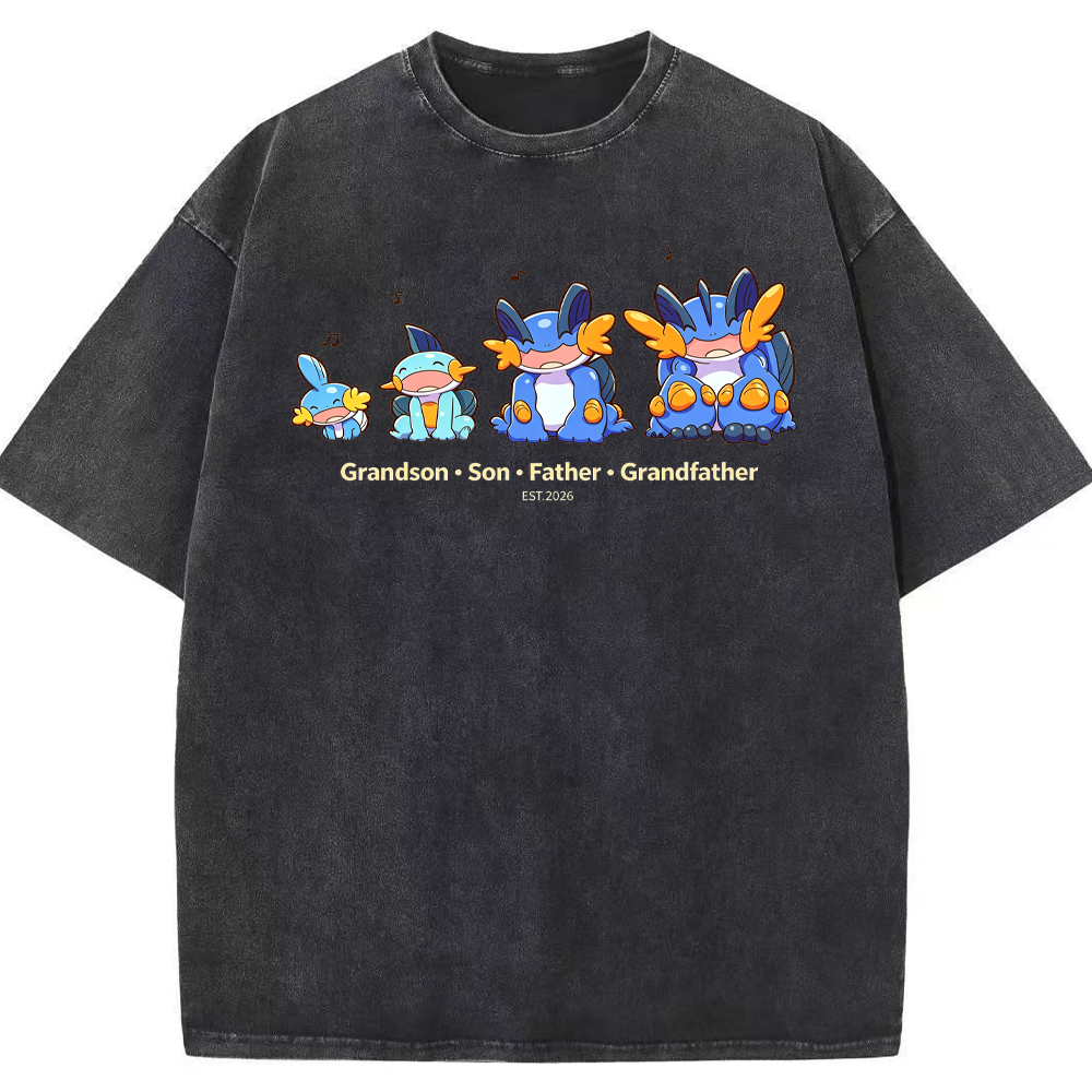 Parent & Kid Four Generations Lineup Mudkip Evolution Group Cartoon Tee | Pokemon Anime