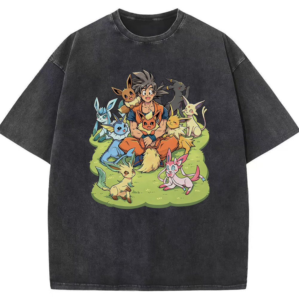 Crossover Goku & Eeveelutions Group Cartoon Tee | Pokemon Anime