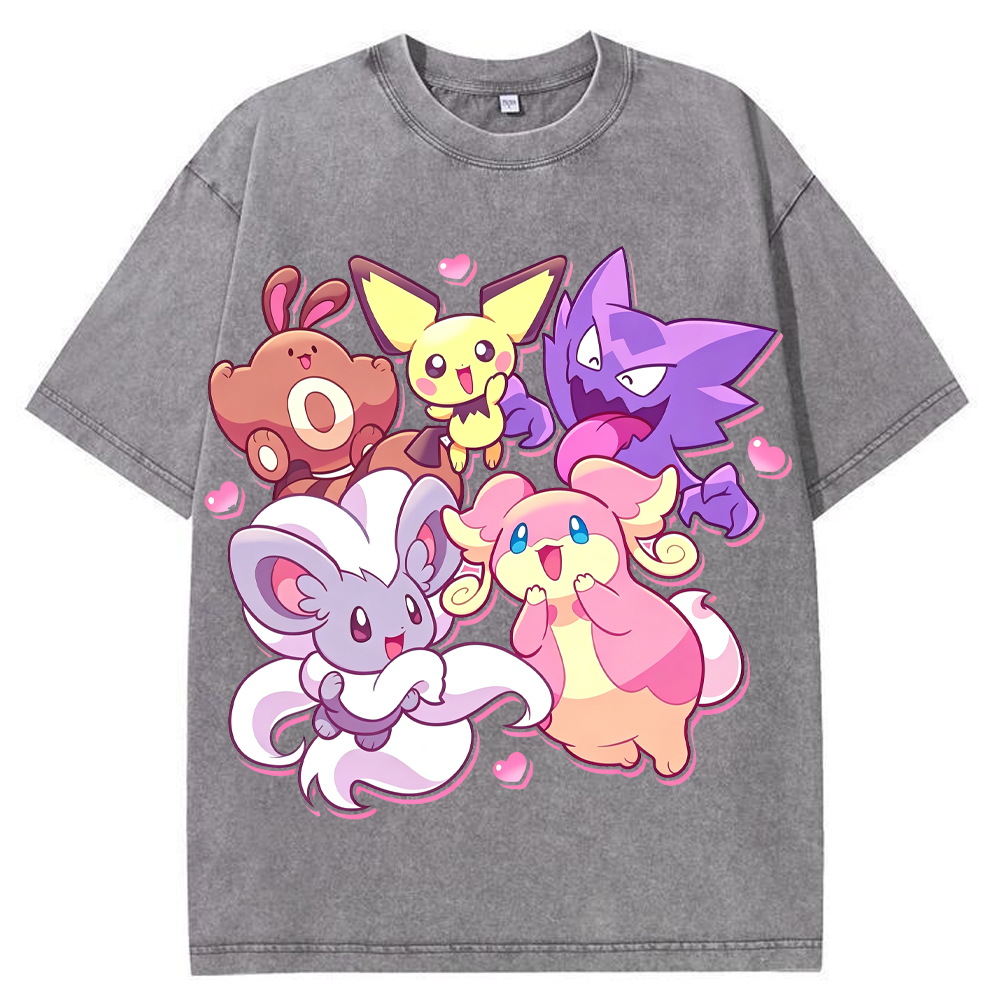 Pink Hearts Cute Pokemon Group Cartoon Tee | Pokemon Anime
