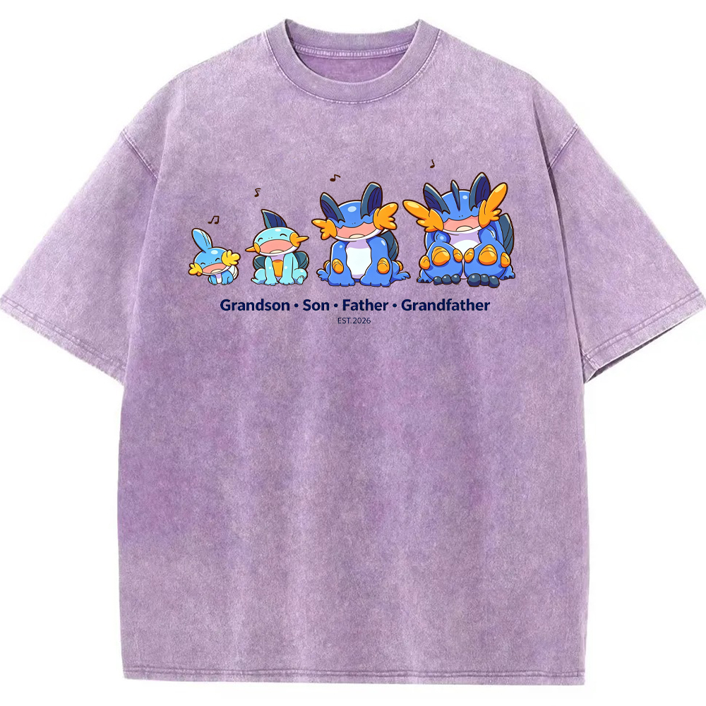 Parent & Kid Four Generations Lineup Mudkip Evolution Group Cartoon Tee | Pokemon Anime