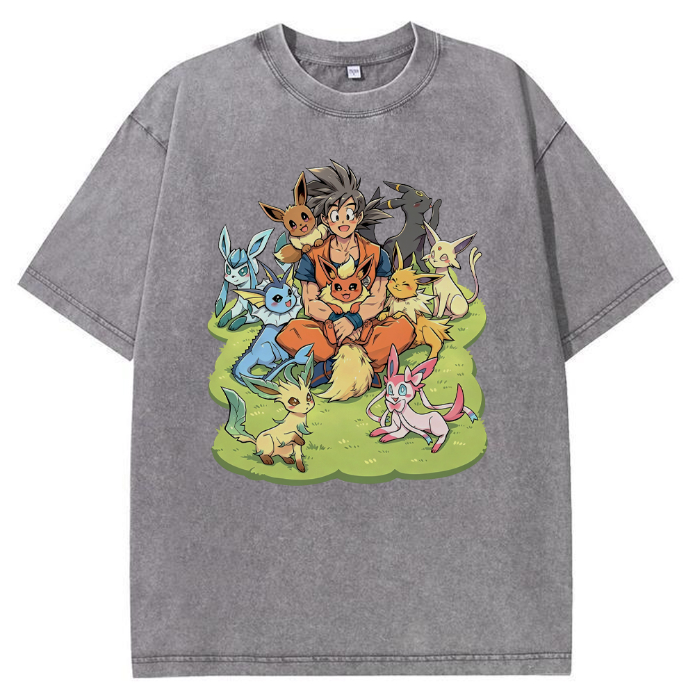 Crossover Goku & Eeveelutions Group Cartoon Tee | Pokemon Anime