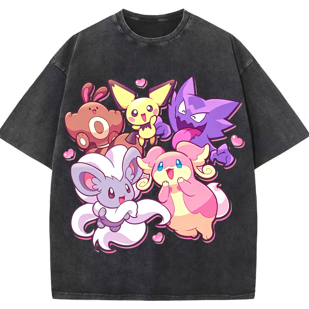 Pink Hearts Cute Pokemon Group Cartoon Tee | Pokemon Anime