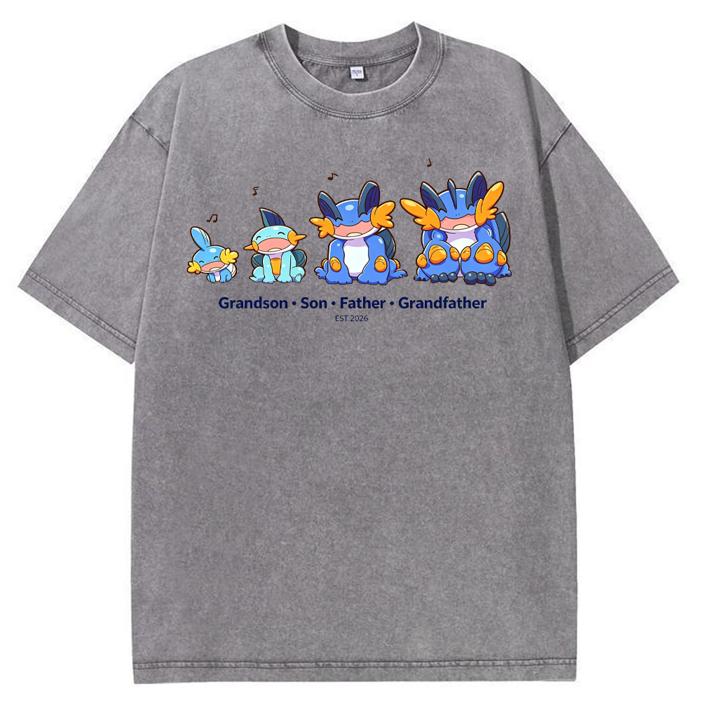Parent & Kid Four Generations Lineup Mudkip Evolution Group Cartoon Tee | Pokemon Anime