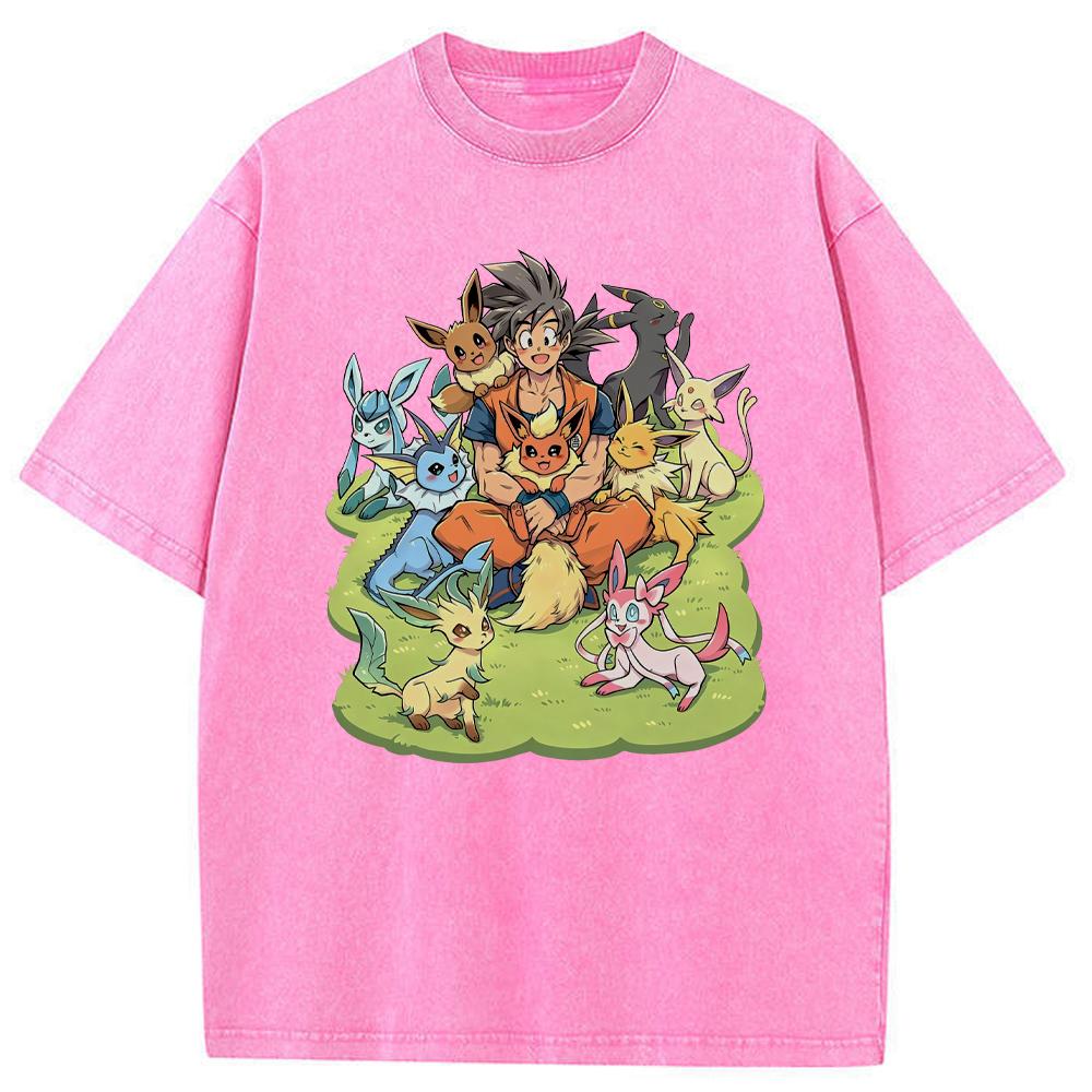 Crossover Goku & Eeveelutions Group Cartoon Tee | Pokemon Anime
