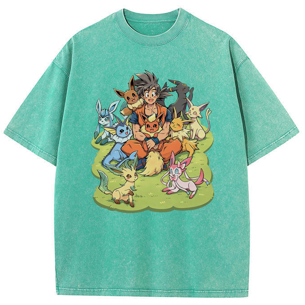 Crossover Goku & Eeveelutions Group Cartoon Tee | Pokemon Anime
