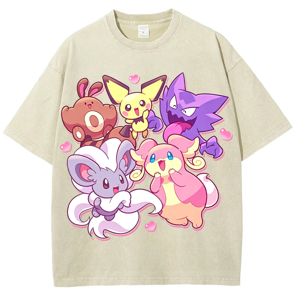 Pink Hearts Cute Pokemon Group Cartoon Tee | Pokemon Anime