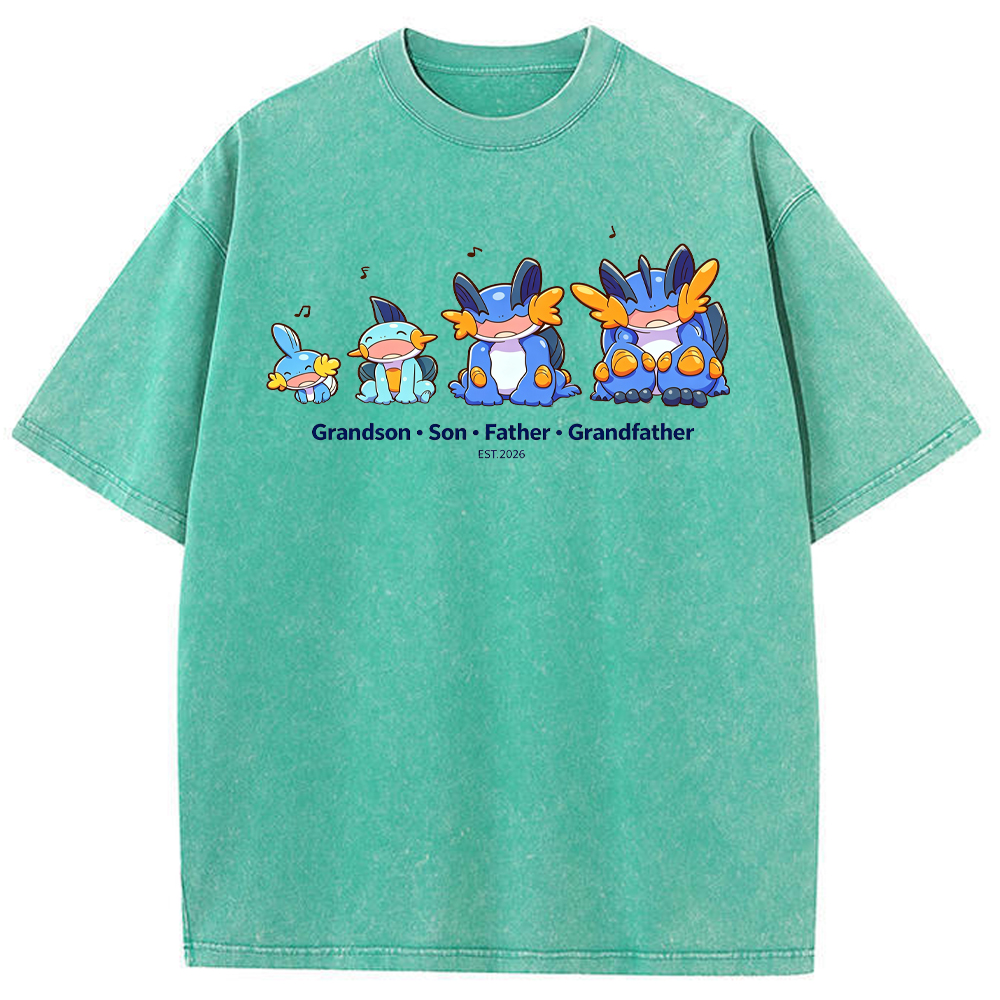 Parent & Kid Four Generations Lineup Mudkip Evolution Group Cartoon Tee | Pokemon Anime