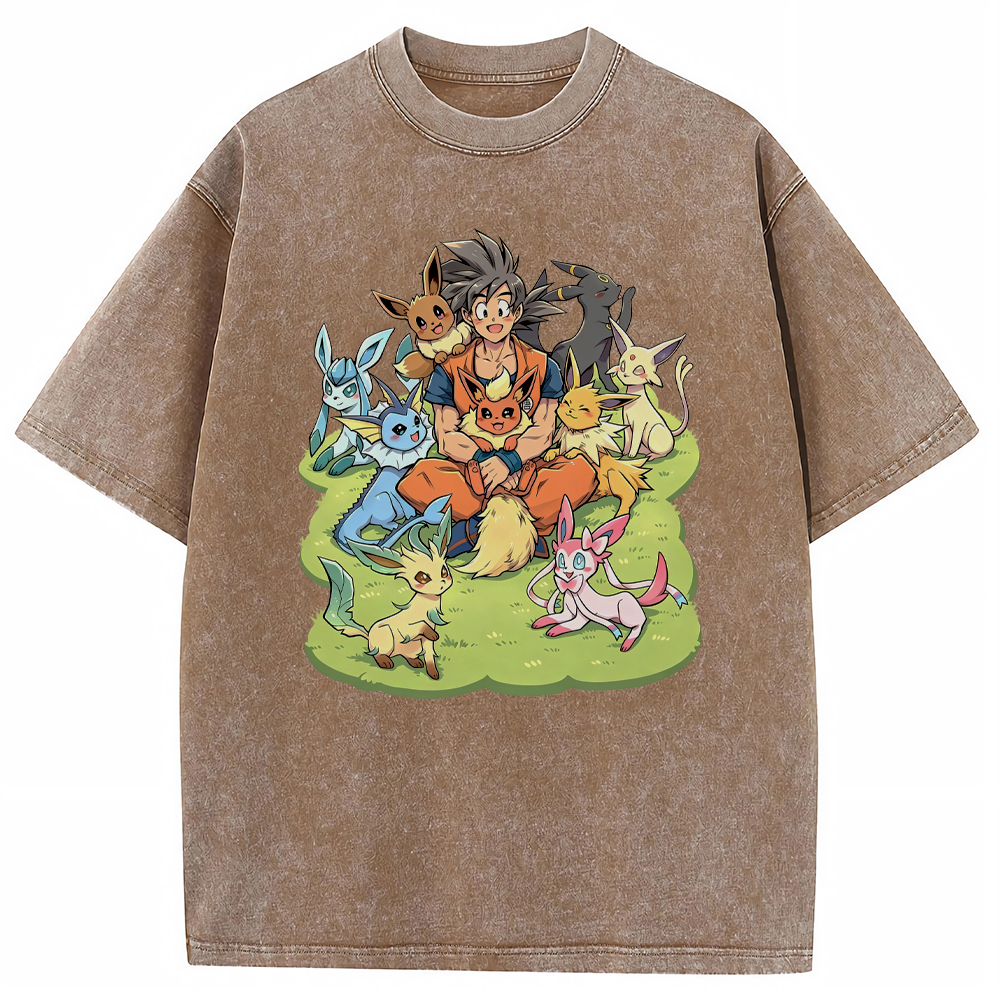 Crossover Goku & Eeveelutions Group Cartoon Tee | Pokemon Anime
