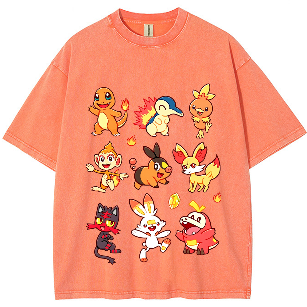 Fire Type Starters Collection Cartoon Tee | Pokemon Anime