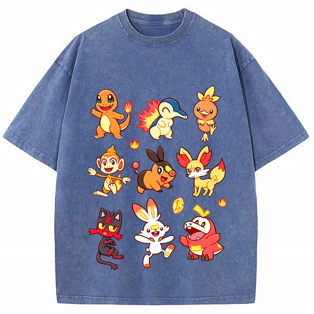 Fire Type Starters Collection Cartoon Tee | Pokemon Anime