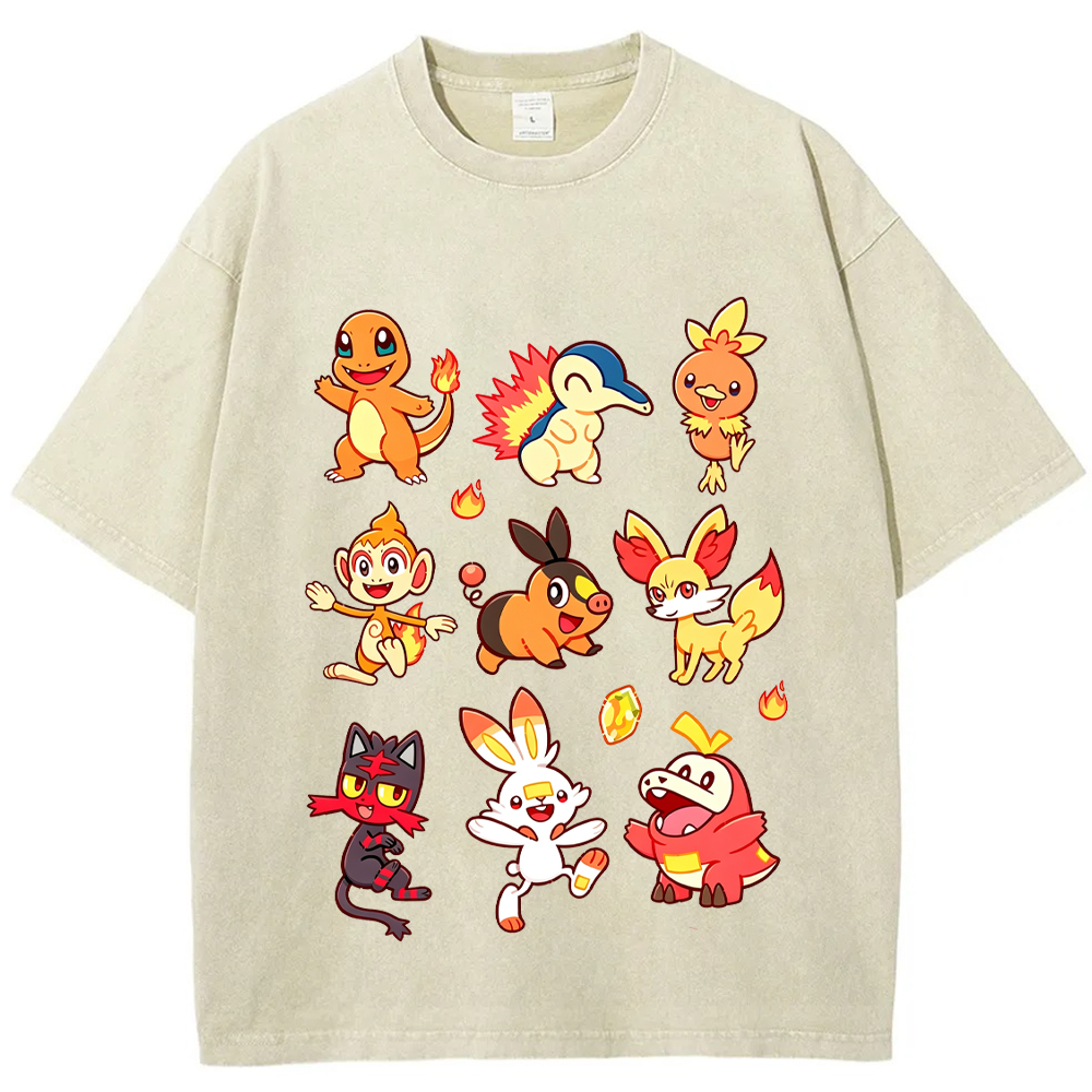 Fire Type Starters Collection Cartoon Tee | Pokemon Anime