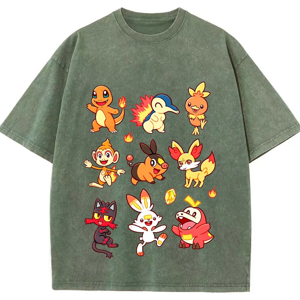 Fire Type Starters Collection Cartoon Tee | Pokemon Anime
