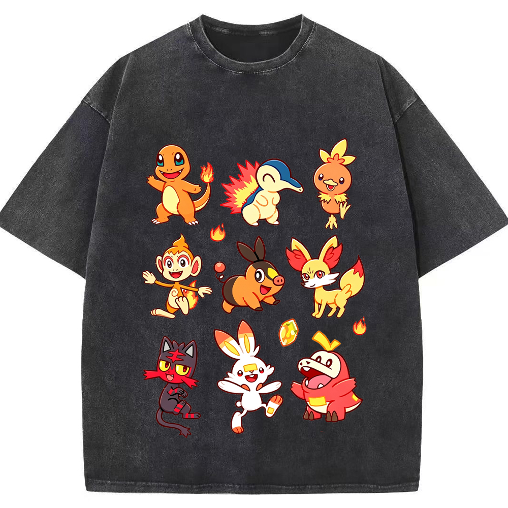 Fire Type Starters Collection Cartoon Tee | Pokemon Anime