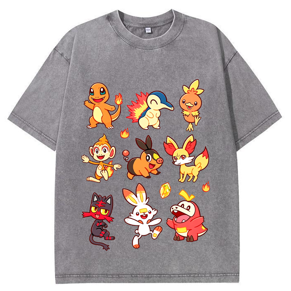 Fire Type Starters Collection Cartoon Tee | Pokemon Anime