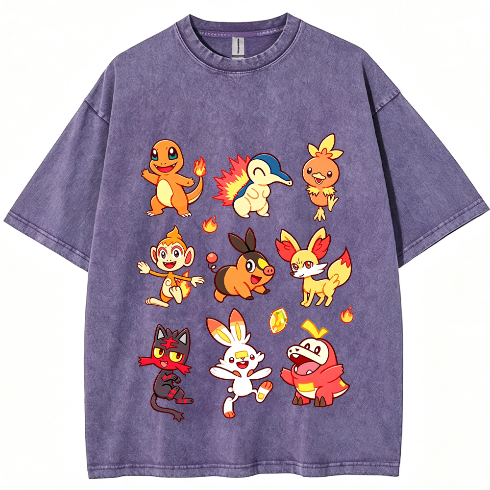 Fire Type Starters Collection Cartoon Tee | Pokemon Anime