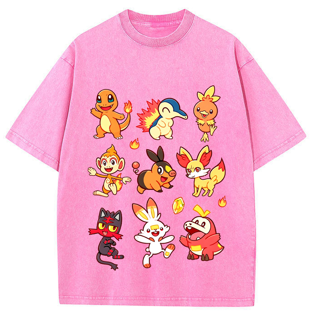 Fire Type Starters Collection Cartoon Tee | Pokemon Anime